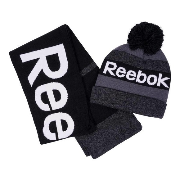 Reebok Mens Pompom Beanie & Scarf Set Black OS New